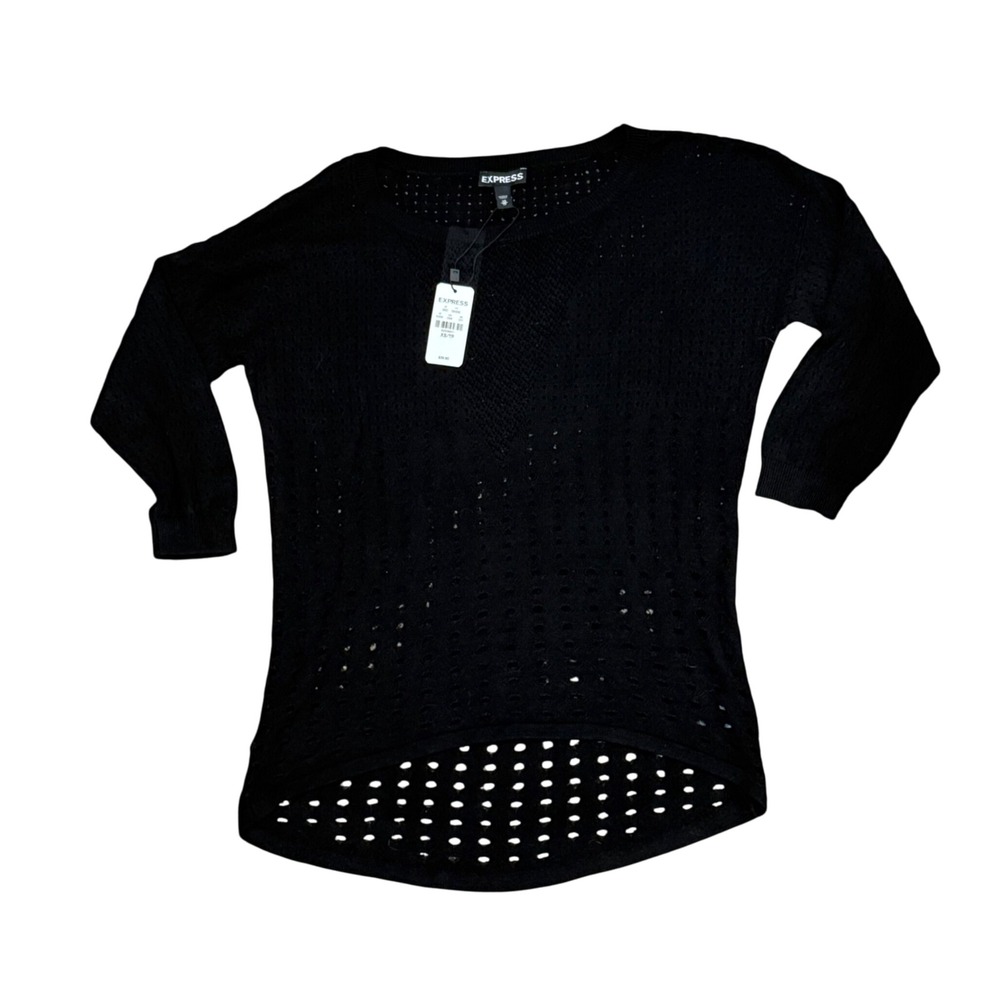 Express Womens XS Black Knit Open Weave Hi Low Sweater Top